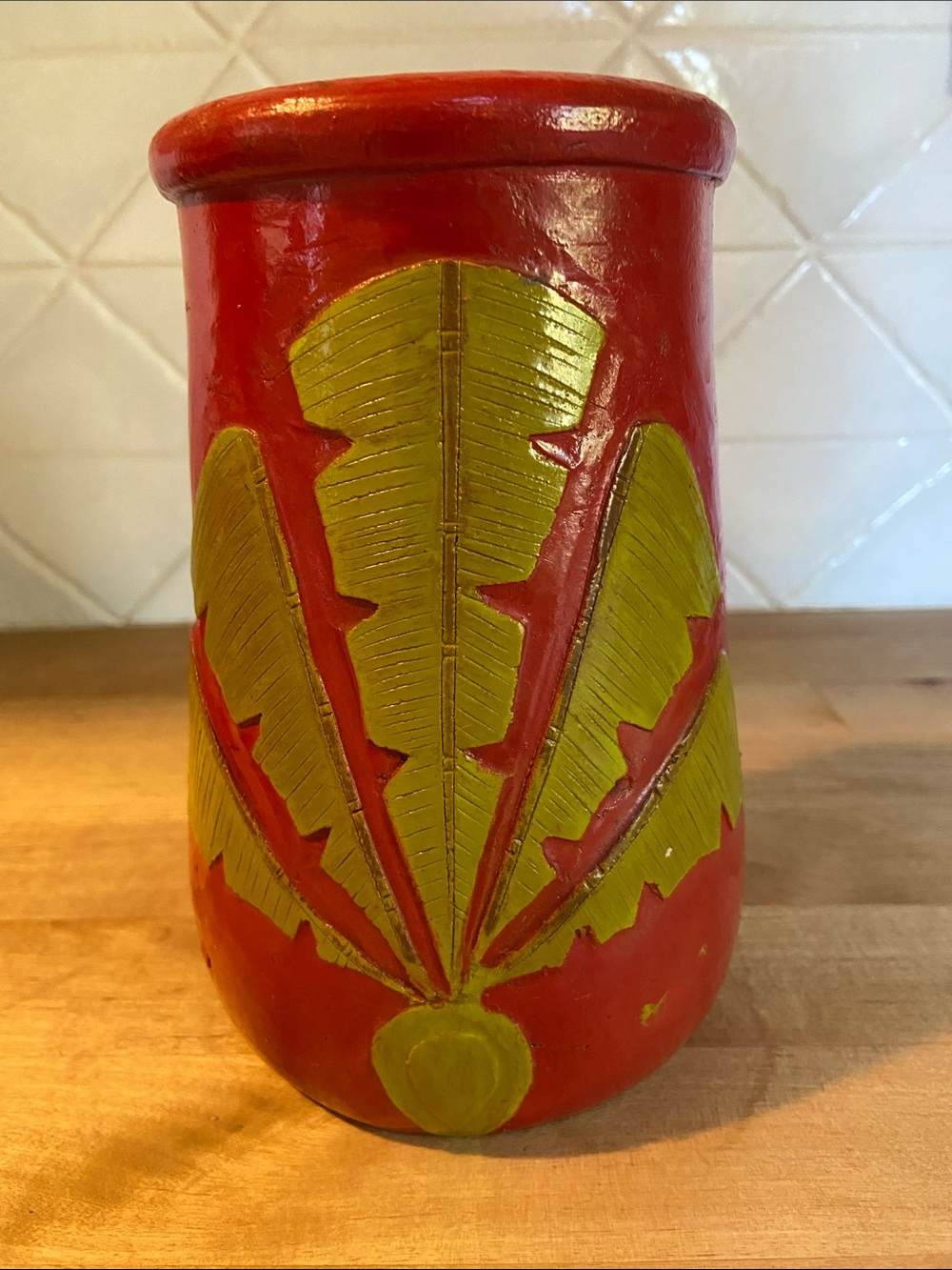 Vintage MCM Hand-Painted Red and Green Decorative Vase - Home Accents